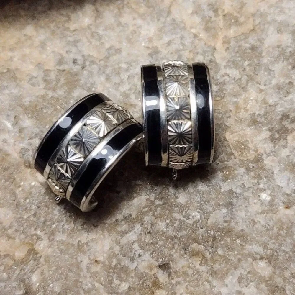 VTG CX Bright Cut Sterling Silver 925 Black Enamel Wide Hoop Hugger Earrings